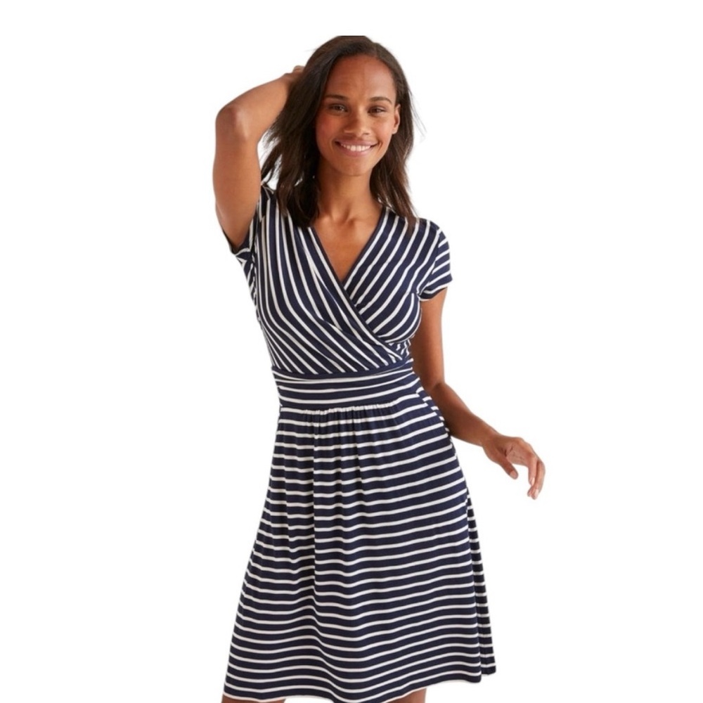 Boden Lola Jersey Knit Faux Wrap V-Neck Navy White Stripe Dress Size 8